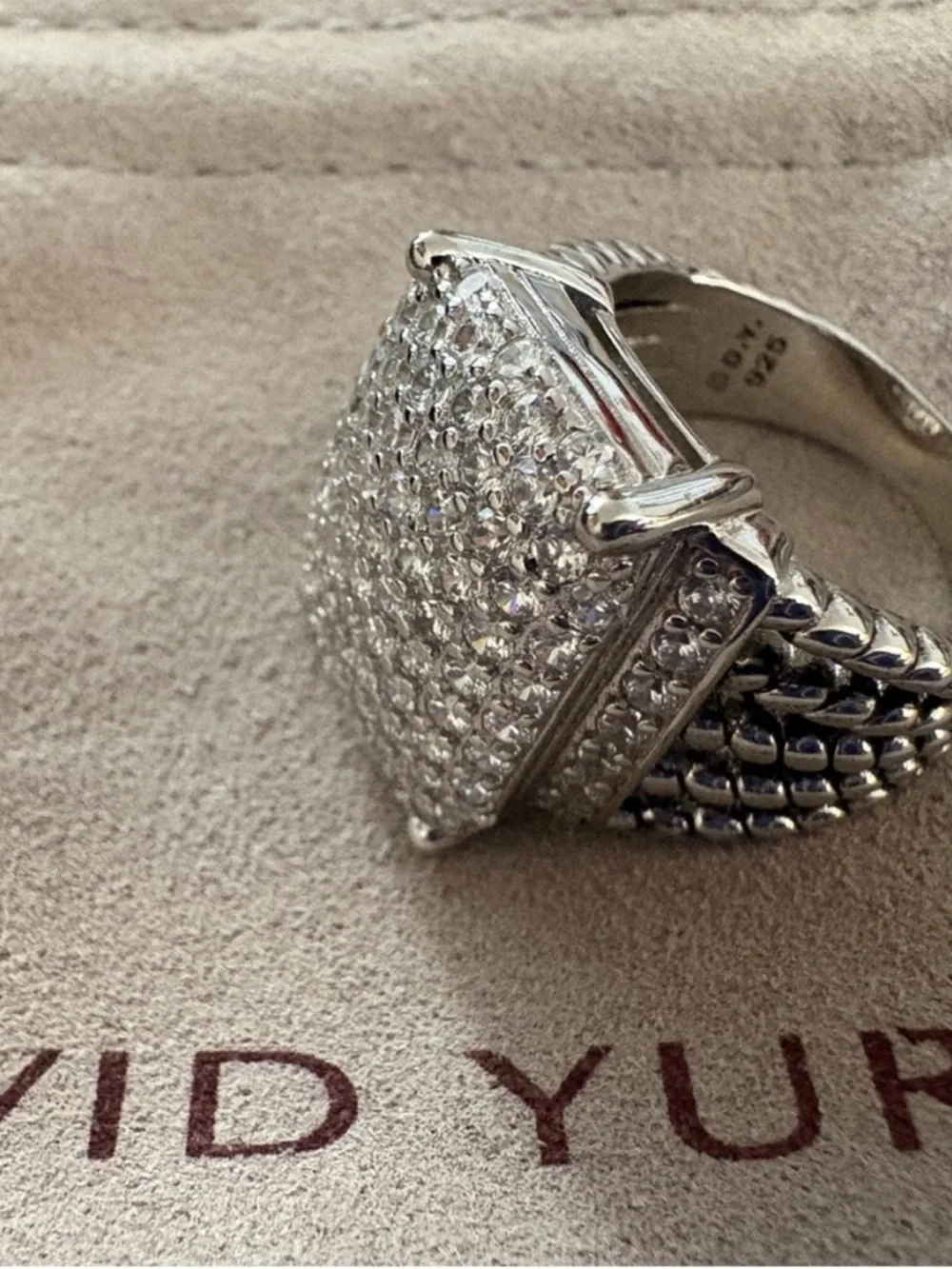 David Yurman Silver Pavé Diamond Cushion Ring
